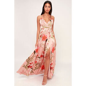 Lulus Still The One Blush Pink Floral Print Satin Maxi Dress - Size XS